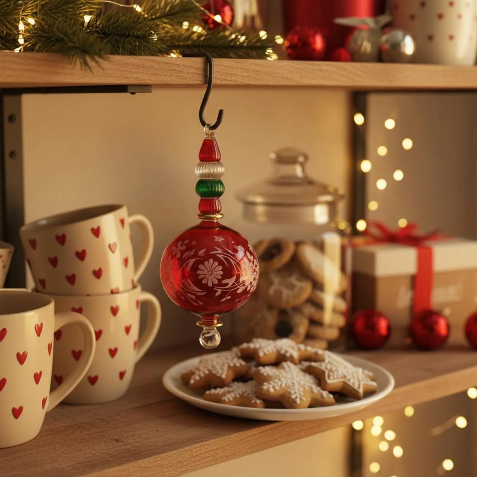 Red Blown Glass Christmas Ornaments With 14k Gold Paint